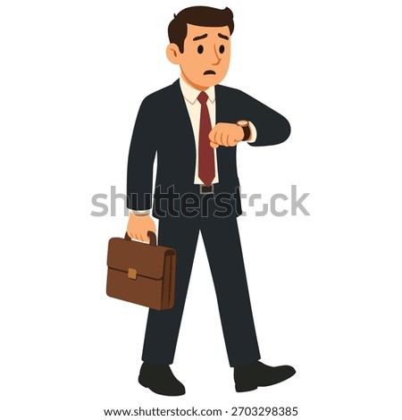 Worried businessman checking watch with a briefcase, conveying urgency, time management, and stress