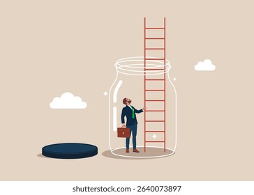 Worried businessman climbs up from the glass jar. Business stagnation with no growth, limitation in career development, punishment with no freedom in business. Flat vector illustration