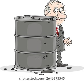 Empresário preocupado se escondendo atrás de um barril de gasolina e procurando preços mais altos do petróleo, ilustração de desenhos animados vetoriais em um fundo branco