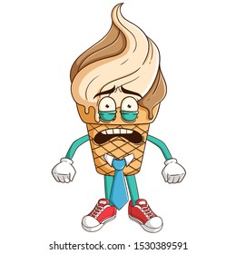worried businessman ice cream waffle cone cartoon character with funny expression