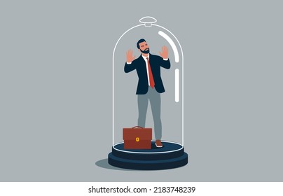 Worried businessman leaning on the glass dome wall, depression and mental health issues. Business stagnation with no growth, limitation in career development, punishment with no freedom in business.