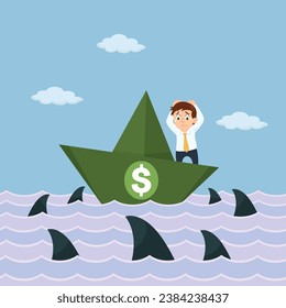 Worried businessman on a sailing paper boat surrounded by sharks, Business financial concept, illustration vector cartoon.