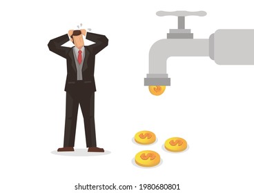 Worried businessman seeing a water tap flow with golden coins. Business concept vector illustration.