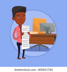 Worried businessman standing with long bill in office. Businessman holding a long bill. Disappointed businessman checking bills. Vector flat design illustration in the circle isolated on background.