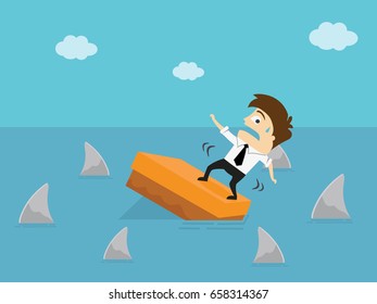 Worried Businessman Standing On box In The Sea And Surrounded By Sharks. Business Concept Cartoon Illustration. Risk, Crisis