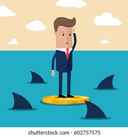 Worried businessman standing on dollar coins, In the sea and surrounded by sharks, Business Concept.