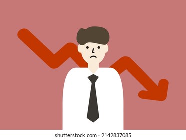 Worried Businessman Standing In Suit With Red Downward Arrow Graph Background. Business Failure, Financial Crisis, Negative Growth, Bankruptcy Concept. Flat Cartoon Style Vector Design Illustrations.