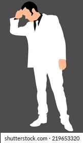 worried businessman in white suit with hand on forehead, vector 