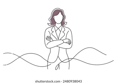 A worried businesswoman with her arms crossed, doodle continuous line art vector illustration.