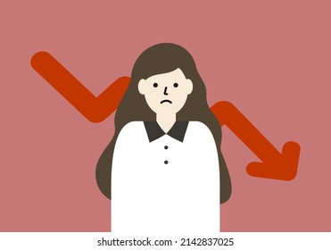 Worried Businesswoman Standing In Suit With Red Downward Arrow Graph Background. Business Failure, Financial Crisis, Negative Growth, Bankruptcy Concept. Flat Cartoon Style Vector Design Illustration