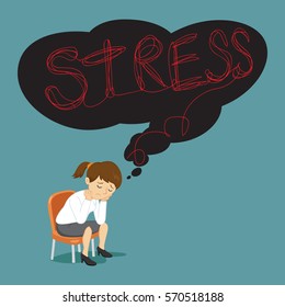 Worried businesswoman under stress, vector illustration cartoon