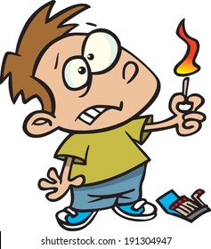 worried cartoon boy playing with matches