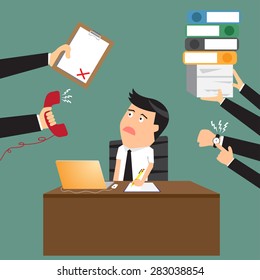 Worried cartoon businessman with phone in hand has a lot of work and paperwork suitable for time management business concept design, vector illustration.