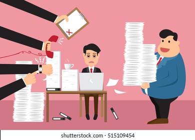 Worried cartoon businessman with phone in hand has a lot of work and document suitable for time management and many paperwork in hand boss. business concept design vector illustration.