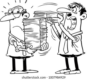 Worried cartoon businessman a lot of work and document suitable for time management and many paperwork in hand boss. business concept design vector illustration.