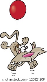 worried cartoon cat being carried away by a balloon