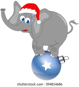 Worried cartoon elephant with xmas hat in balance on a christmas ball isolated