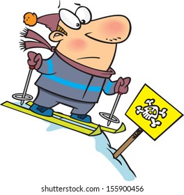 Worried cartoon man about to ski down a dangerous hill