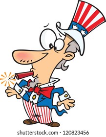 worried cartoon uncle sam with a firework stick stuck in his mouth