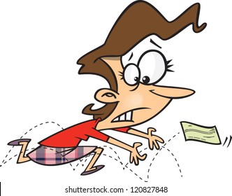 worried cartoon woman chasing after a bouncing cheque