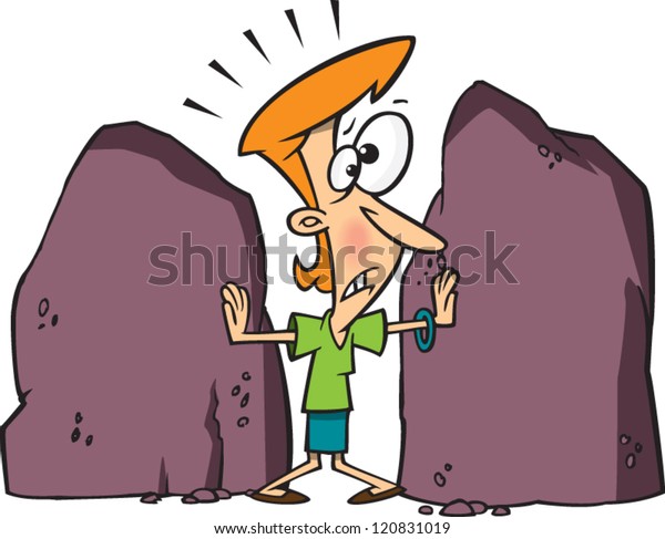 worried\
cartoon woman stuck between a rock and hard\
place