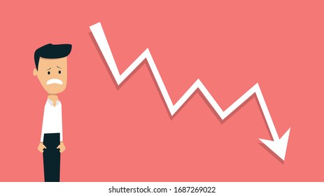 Un personaje preocupado que observa una flecha en declive del mercado de valores