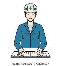 Trabalhador de construção preocupado em digitação de capacete no teclado