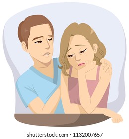 Worried couple man comforting sad depressed woman