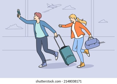 Worried couple tourists run in hurry for plane in airport. Man and woman travelers in rush not to miss flight going to vacation or trip. Travel and tourism concept. Vector illustration. 