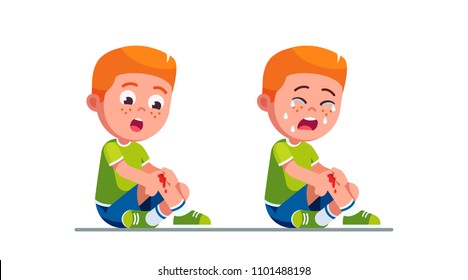 Worried and crying preschool boy kids holding painful wounded leg knee scratch with blood drips. Bleeding knee injury pain. Child cartoon characters childhood kids injury. Flat vector illustration