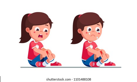 Worried And Crying Preschool Girls Kids Holding Painful Wounded Leg Knee Scratch With Blood Drips. Bleeding Knee Injury Pain. Child Cartoon Characters Childhood Kids Injury. Flat Vector Illustration