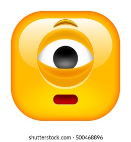 Worried Cyclop Emoticon. Square Yellow Smile.