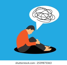 Worried and Depressed Man Sitting with Messed Thoughts. Mental health problems and depression vector