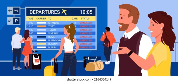 Worried and disappointed passengers wait, delayed airline flight, aircraft problems, waiting lounge room terminal vector illustration. Canceled flights