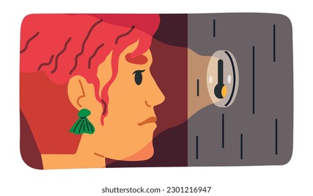 Worried dissatisfied woman peeps through keyhole, peeping and peeking. Invade in privacy life, spy and surveillance. Curious wife, angry female character observing, sneaking person watching from door