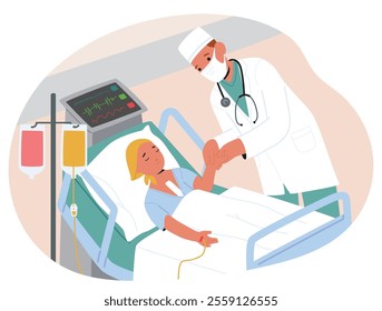 Worried doctor feeling pulse on wrist checking signs of life in little cancer patient sleeping lying in hospital ward scene. Childhood oncology treatment and prevention therapy vector illustration