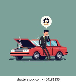 Worried driver calling roadside assistance to help with his breakdown car vector illustration. Flat concept design on man in suit standing text to broken car with open hood talking on mobile phone