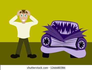 Worried driver with his breakdown car vector illustration. Flat concept design on man standing text to broken car