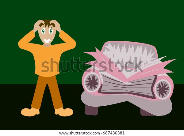 Worried driver\
with his breakdown car vector illustration. Flat concept design on\
man standing text to broken\
car
