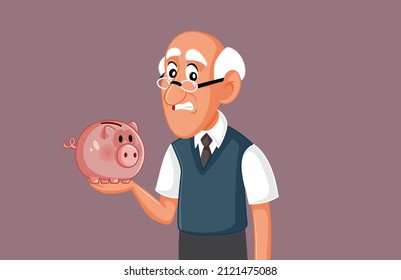 

Worried Elderly Man Holding a Piggy bank Vector Cartoon Illustration. Grandfather having no more money saved for pension retirement plan
