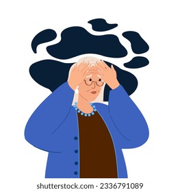 Worried Elderly Woman with headache or Dementia.Forgetful Senior Character with Amnesia,Alzheimer Disease.Confused Grandmother,Forget,Try Remember.Troubled Worried Old Retired.Flat Vector Illustration