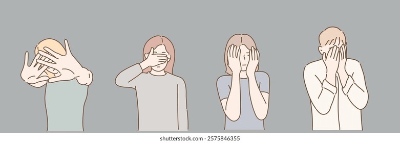 Worried or embarrassed people covering face with hands. Hand drawn style vector design illustrations.	