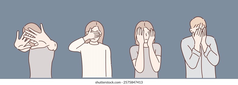 Worried or embarrassed people covering face with hands. Hand drawn style vector design illustrations.	