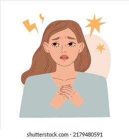Worried or embarrassed young woman. Sad female character. Sadness, sorrow, regret, mental disorder or llness concept. Vector flat cartoon style illustration.