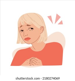 Worried or embarrassed young woman. Sad female character. Sadness, sorrow, regret, mental disorder or llness concept. Vector flat cartoon style illustration.