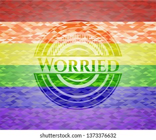 Worried emblem on mosaic background with the colors of the LGBT flag