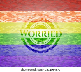 Worried emblem on mosaic background with the colors of the LGBT flag. 