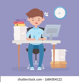 worried employee in desk office with computer pile of papers and clock stress vector illustration