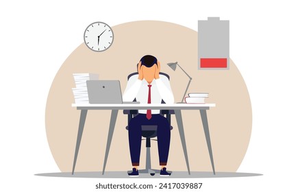 Worried Employee for Project Miss Deadline and Stressed Employee for Project Deadline Work Load Productivity at Work and Work Pressure at Workplace. Low battery shows a Low Percentage of Productivity.