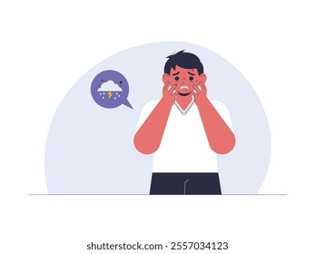 With worried expression, man's face is flushed and there are many red spots, feeling of anxiety or stress experienced due to his skin condition, vector illustration of health problem.